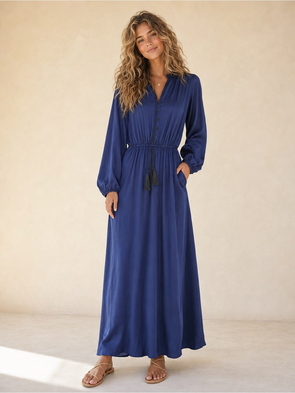 The Kooples Paris Silk Blend Maxi Dress French SZ 1 Blue Tassel Boho Long Dress